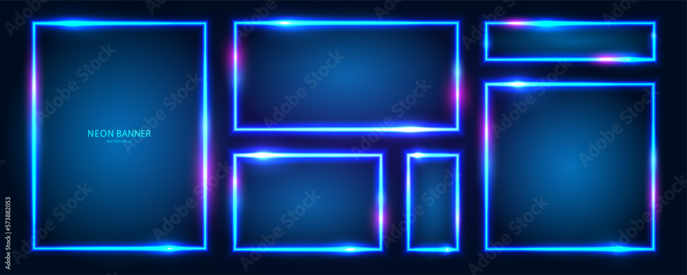 A set of rectangular neon frames with shining effects, highlights on a dark background. Futuristic modern neon glowing banners. Vector EPS 10. A set of rectangular neon frames with shining effects, highlights on a dark background. Futuristic modern neon glowing banners. Vector EPS 10.