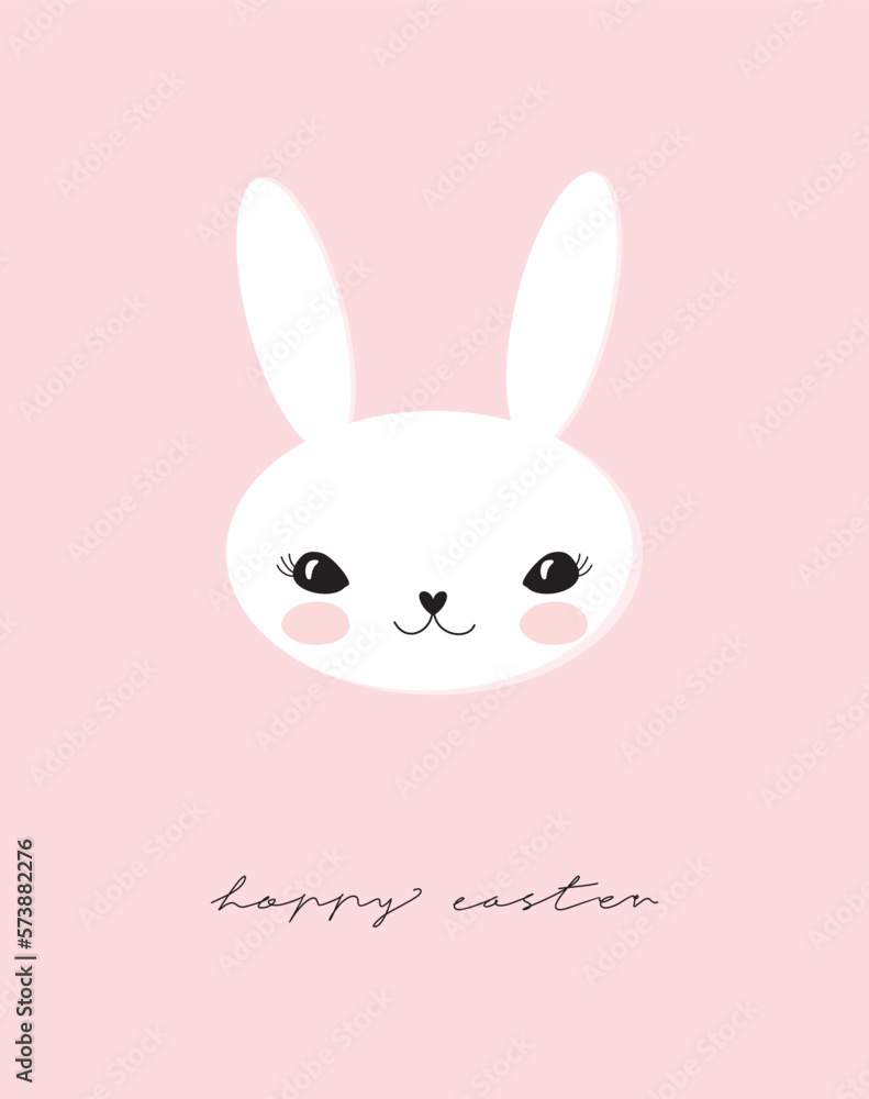 Fototapeta premium Cute White Happy Rabbit. Hand Drawn Easter Vector Illustration with Funny Bunny and Handwritten Wishes isolated on a Pink Background. Easter Holidays Print with Lovely Rabbit ideal for Card, Greeting.