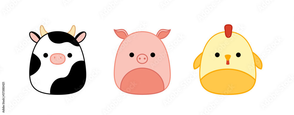 Chick, pig, cow. Squishmallow. Cute soft plush toy. Pillow. Cartoon kawaii  vector Stock Vector