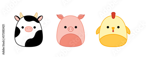 Chick, pig, cow. Squishmallow. Cute soft plush toy. Pillow. Cartoon kawaii vector