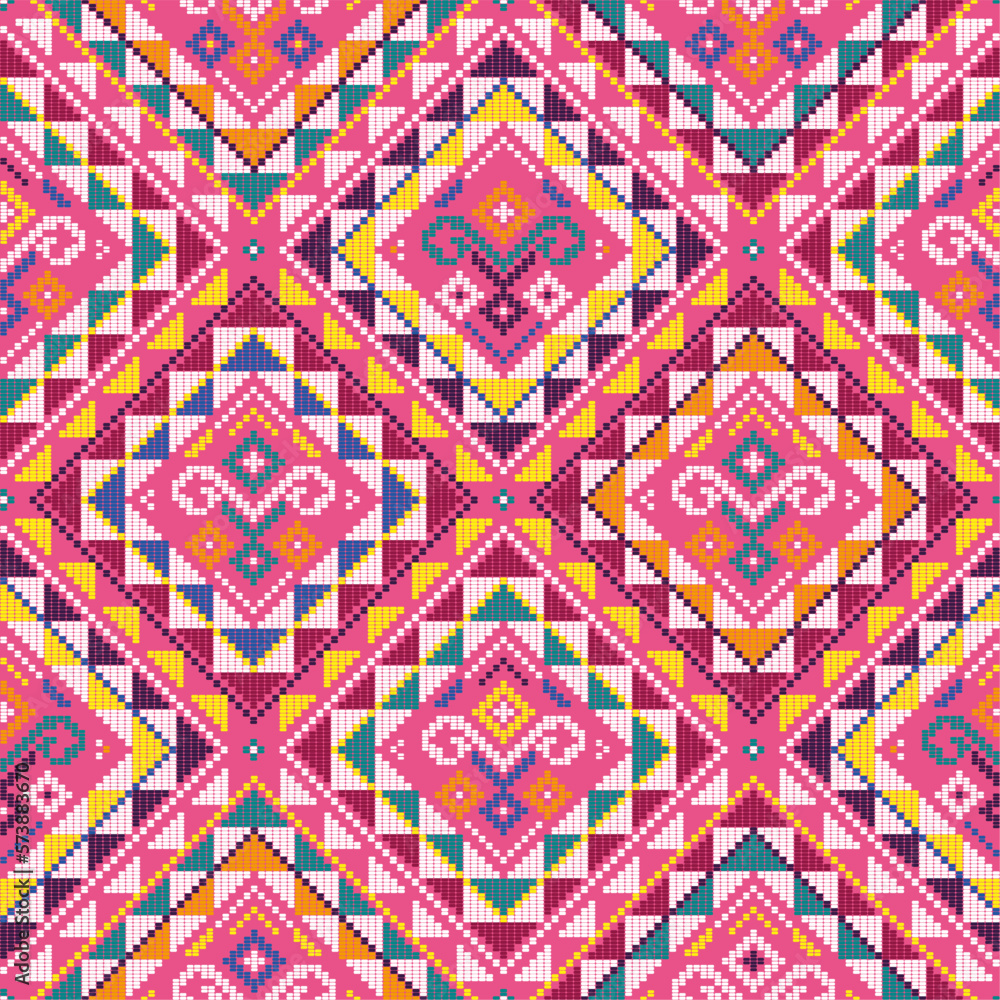 Filipino folk art Yakan waving cloth inspired vector seamless pattern on pink, geometric textile or fabric print design from Philippines
