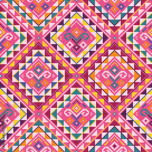 Filipino folk art Yakan waving cloth inspired vector seamless pattern on pink, geometric textile or fabric print design from Philippines
