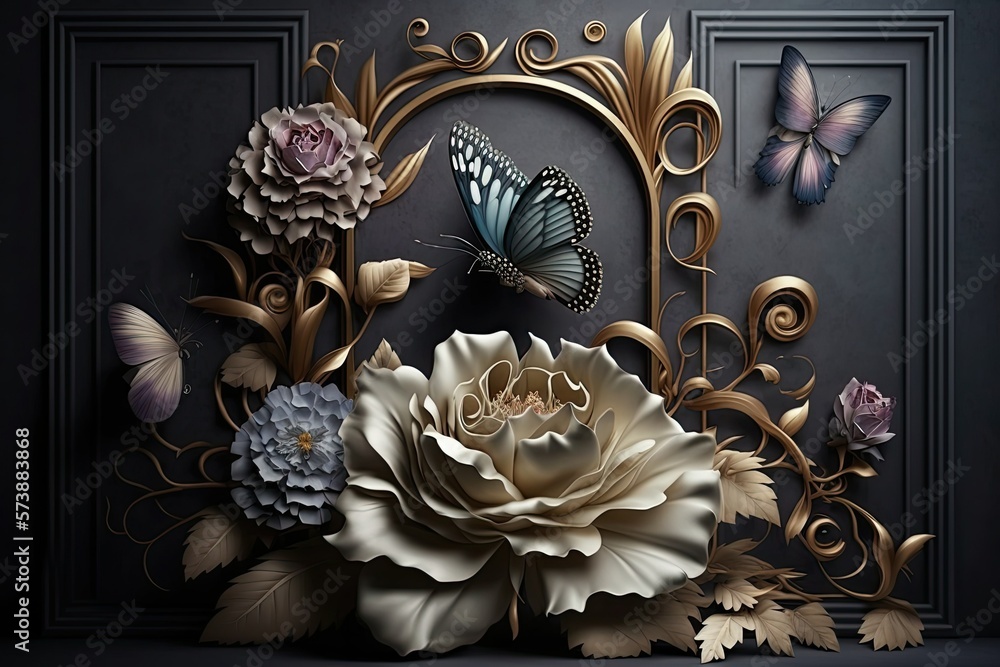 3d 3d wallpaper, abstract flower and butterfly decoration, wall art, ai generated