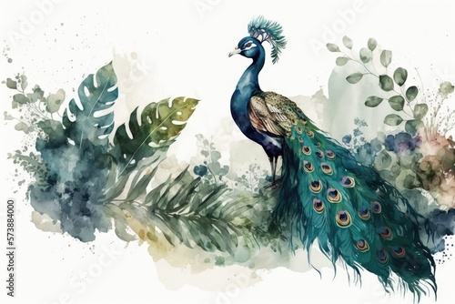 3d wallpaper, watercolor abstract background with peacock decoration, wall art, ai generated
