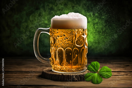 A mug of beer in glass with a four-leaf clover as a symbol of good luck in Ireland on a wooden table in a bar, St. Patrick's Day holiday. Generative AI