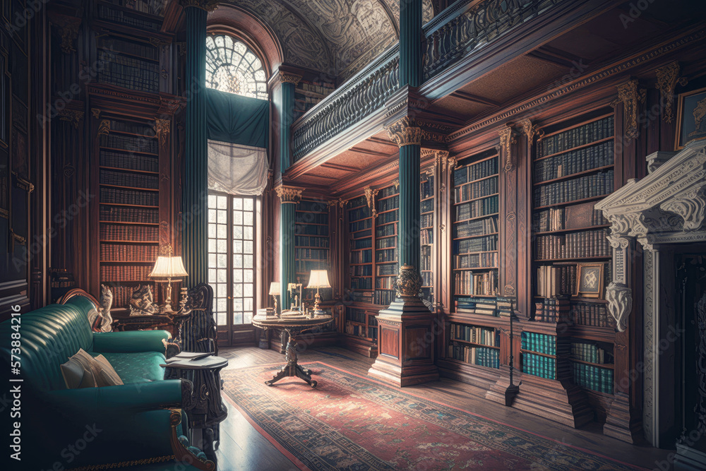 A grand and historic library with towering bookcases, antique furnishings, and a quiet atmosphere - Generative AI A grand and historic library with towering bookcases, antique furnishings, and a quiet atmosphere - Generative AI