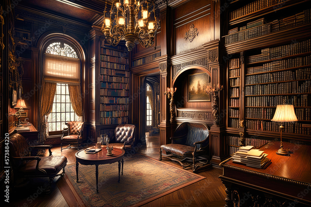 A grand and historic library with towering bookcases, antique furnishings, and a quiet atmosphere - Generative AI - obrazy, fototapety, plakaty 