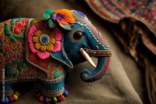 adorned elephant dressed in rich ornate fabrics for hindu worship created with Generative AI technology