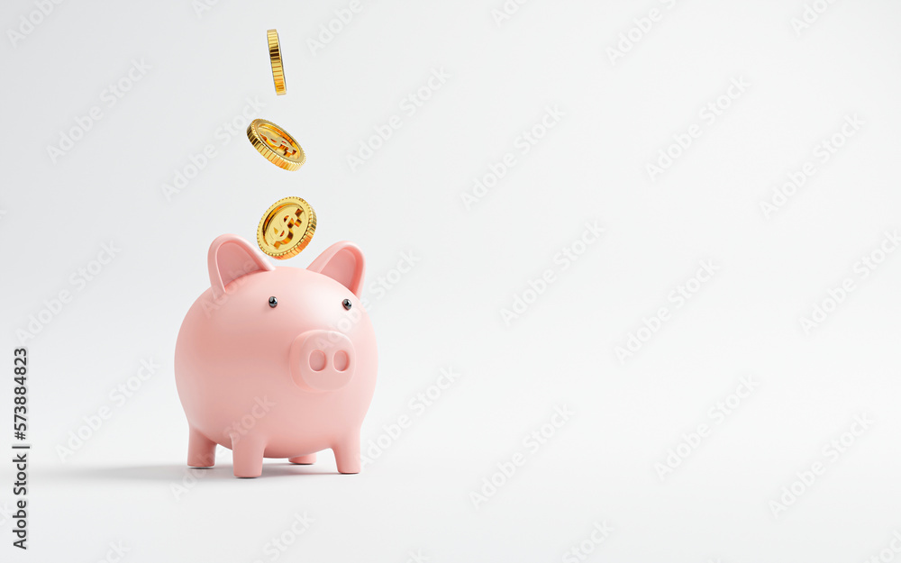 Golden coin dropping  to pink piggy bank for Money saving and deposit investment to get profit and dividend concept by 3d rendering. - obrazy, fototapety, plakaty 