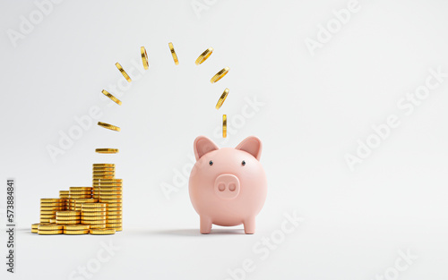 Golden coin flowing and dropping from heap to pink piggy bank for Money saving and deposit investment to get profit and dividend concept by 3d rendering. photo