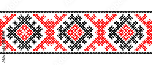 Ukrainian pattern. Vector ornament, seamless border. Ukrainian folk, ethnic geometric embroidery. Pattern in red and black colors. Pixel art, vyshyvanka, cross stitch