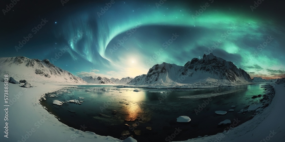 A beautiful aurora bore over a frozen lake and mountains in the night ...