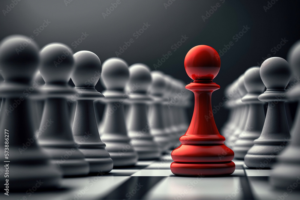 Leadership. Red pawn leading on a chess board with white pawns in a row. Dark background. Generative AI Leadership. Red pawn leading on a chess board with white pawns in a row. Dark background. Generative AI