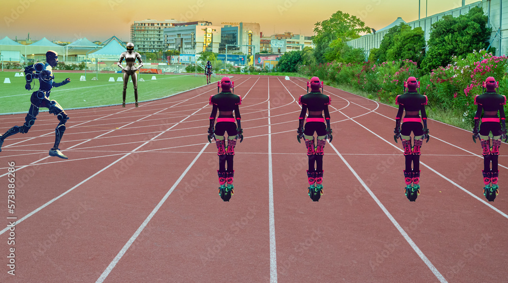 Red running track and white lanes on sport stadium at sunset, used by cyborg robot athletes. Generative AI