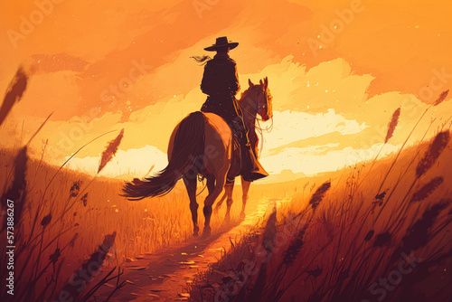 A person riding a horse through a golden field at sunset, with a warm glow illuminating the scene, illustration - Generative AI