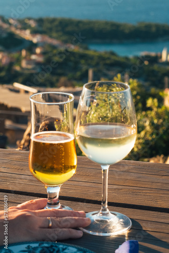  Luxury glass of wine with amazing sea view of Kvarner bay and Lo  inj archipelago of Croatia islands 