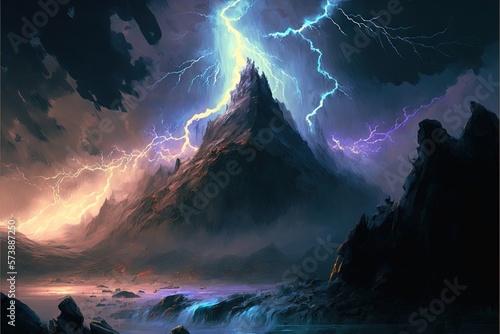Mountains during a thunderstorm and snow whirl AI