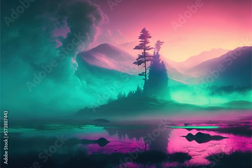 Fantasy new colorful landscape, fog, fantasy clouds. AI