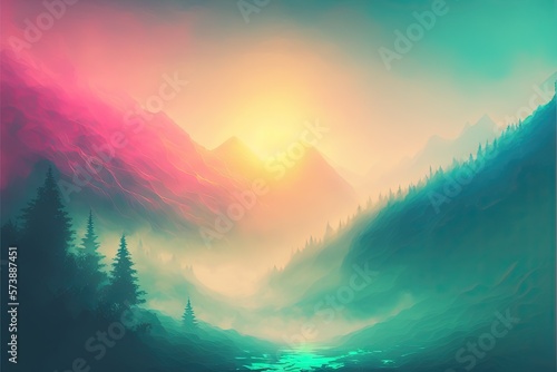 Fantasy new colorful landscape, fog, fantasy clouds. AI