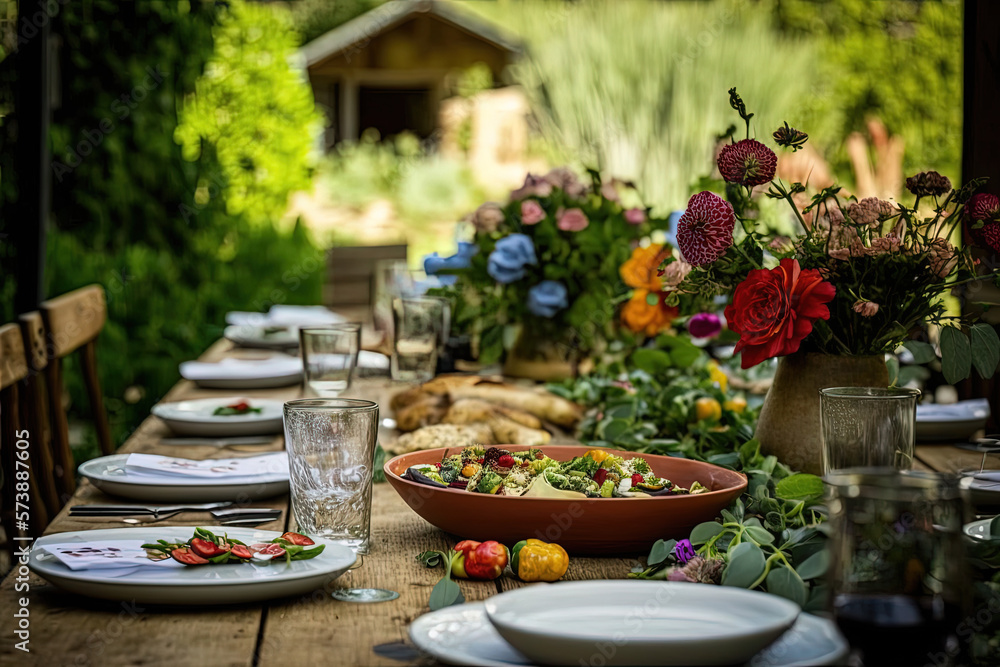 Gedeckter Tisch im Garten, Set table in the garden Gedeckter Tisch im Garten, Set table in the garden