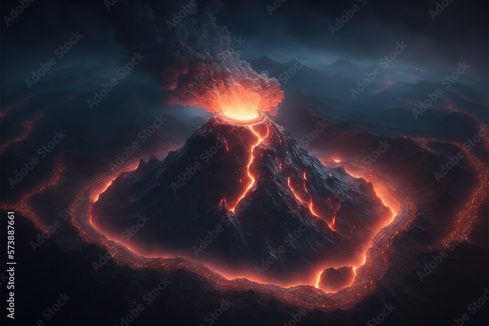 Terrible active volcano in clouds of volcanic ash top view AI