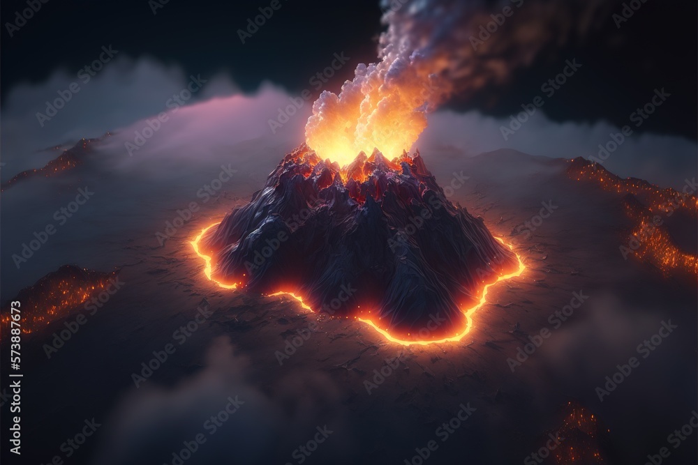 Terrible active volcano in clouds of volcanic ash top view AI