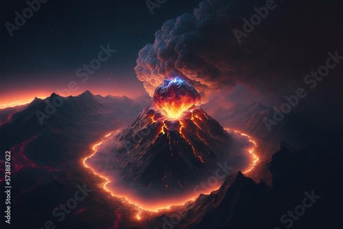 Terrible active volcano in clouds of volcanic ash top view AI