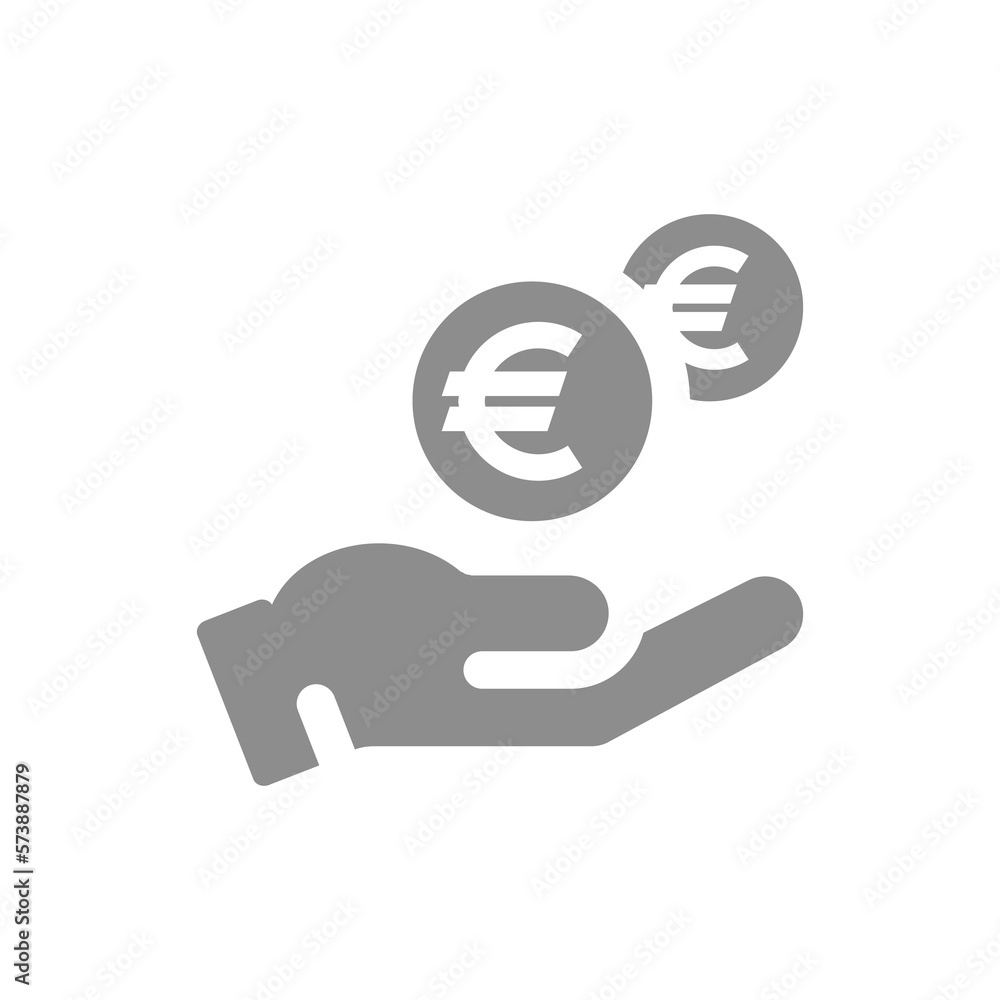 Human hand and money dropping euro coin icon. Savings and payment concept vector fill symbol. Human hand and money dropping euro coin icon. Savings and payment concept vector fill symbol.
