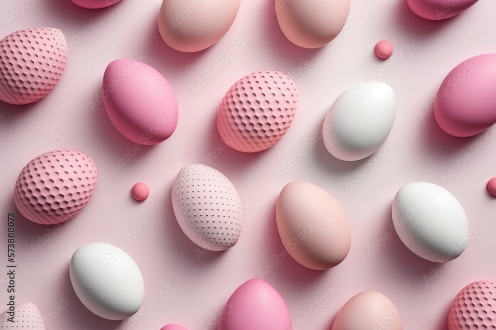 Pink and white background of easter eggs collection, easter celebration created with Generative AI technology