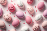 Pink and white background of easter eggs collection, easter celebration created with Generative AI technology