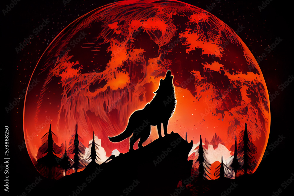 Silhouette of a wolf against the background of a red full moon. AI generated