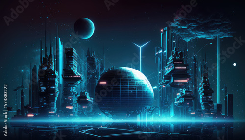 Metaverse concept. Futuristic abstract city, Space Cityscape, big data connection, cyber and ai technology. Cyber world. Generative ai illustration