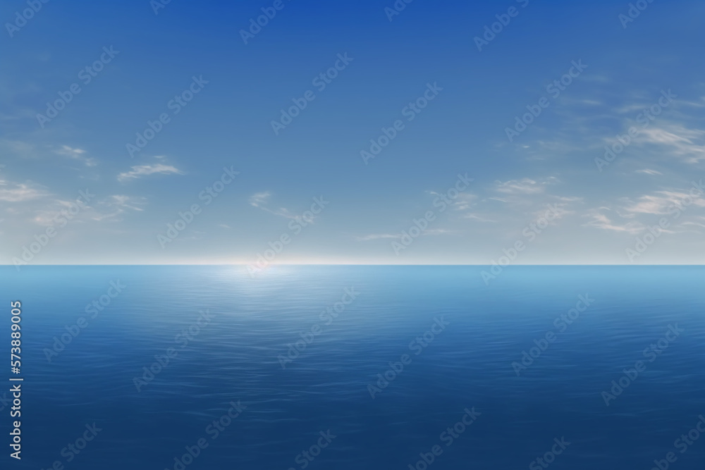 Blue calm sea landscape background with clouds, seascape sea ocean horizon, generated ai