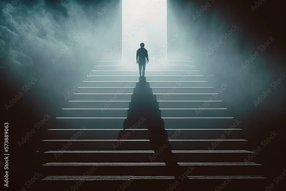 A man standing on a stairway in the middle of a dark room with a light ...
