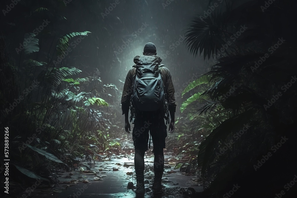 A man with a backpack walking through a dark forest in the rain at ...