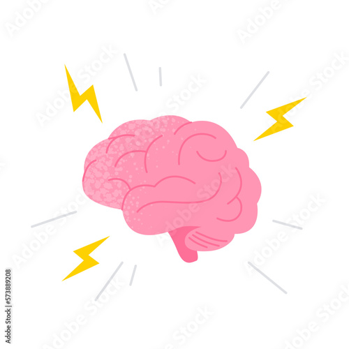 Human brain illustration. Brain with flashes of lightning and rays. Finding an idea or solving a problem. Vector flat illustration isolated on the white background.