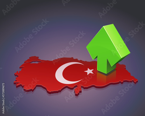 3D map of Turkey in the colors of the Turkish flag with the crescent and the star surmounted by a green rising arrow on a dark background