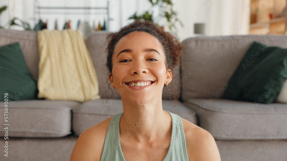 Happy, meditation breathing and face of a woman with peace, relax and zen smile in a house for balance. Wellness, mind and portrait of a girl with spiritual faith and calm during mindset exercise