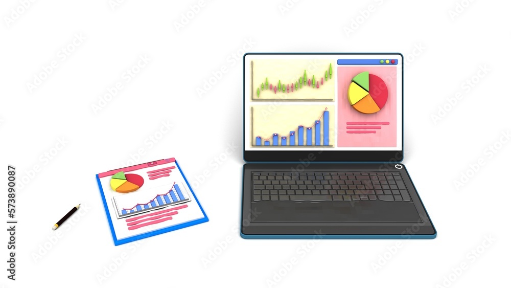 notepad and laptop display panel financial report graphs charts isolated. 3d rendering notepad and laptop display panel financial report graphs charts isolated. 3d rendering