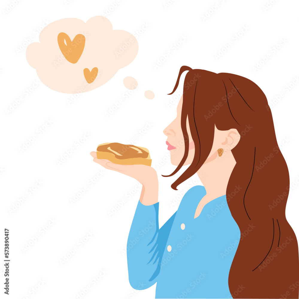 Pretty girl smelling a toasted bread and peanut buttter. Vector Illustration for National Peanut Butter Day. Eating healhy illustration. Pretty girl smelling a toasted bread and peanut buttter. Vector Illustration for National Peanut Butter Day. Eating healhy illustration.
