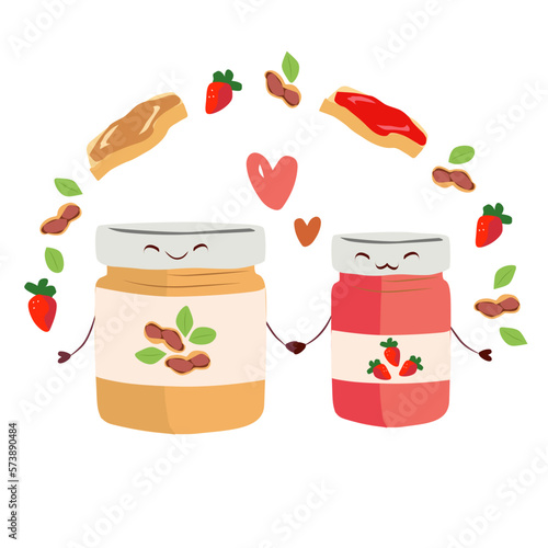 Vector Illustration for Peanut Butter and Jelly Day Lovers. Toasted bread, jar of peanut butter and strawberry jelly. Cartoon characters.