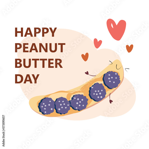 Vector Illustration for National Peanut Butter Day. Eating healhy illustration. Cute banana character with peanut butter and blackberry. 