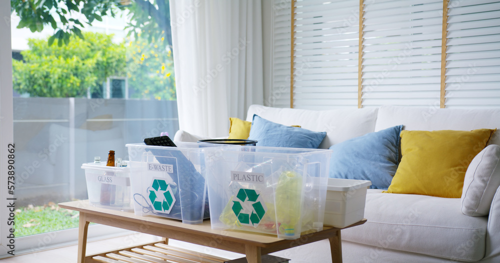 Plastic paper glass can e-waste bag water bottle in reuse bin recycle ...