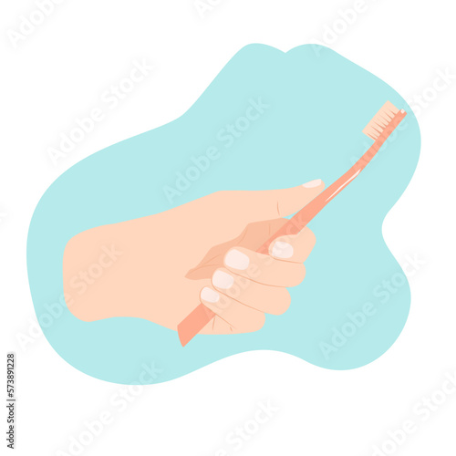 A hand holding a toothbrush. Dental hygiene, whitening and treatment, flat vector illustration isolated on blue background. National Children’s Dental Health Month 2023