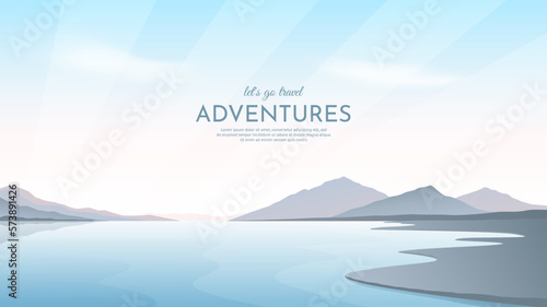 Sunset on the lake. A gentle river bank and silhouettes of mountains in the distance. Morning twilight, clear sky. Summer landscape. Vector illustration for banner, invitation, card, cover.	