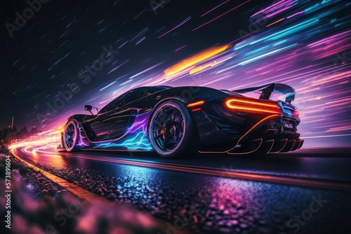 Turbocharged Speed of a Sports Car on a Neon Road of Glowing Lights Generative AI 