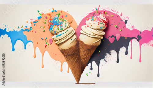 Ice cream in a waffle cup, heart-shaped with colorful sprinkles. Generative AI photo