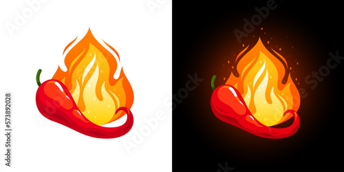 Hot chili pepper with fire. Red spicy chilli for cooking mexican and indian food. Vector cartoon illustration of cayenne pepper burn with flame and sparks isolated on black and white background