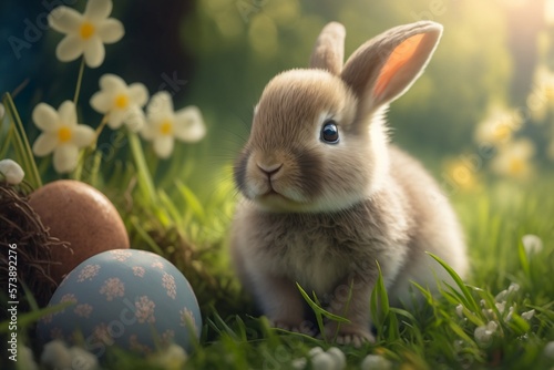 Cute baby bunny rabbit sitting in lush green grass on a lovely sunny day and lots of easter eggs