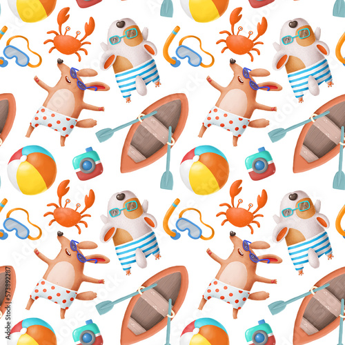 Canvas Print Summer seamless patterns with dogs cartoon characters